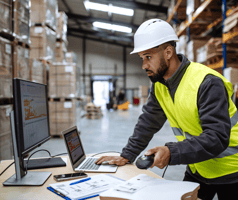 Warehouseman using company pc to check shop floor data 